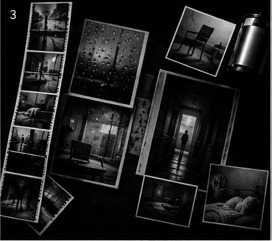Memory photographs and film strips on a dark table