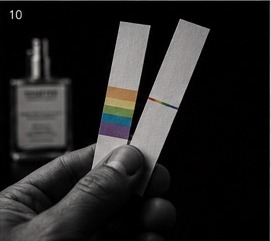 Hand holding two blotter strips with color spectrum bands