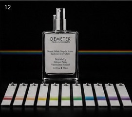 Demeter bottle above a row of fragrance blotter strips